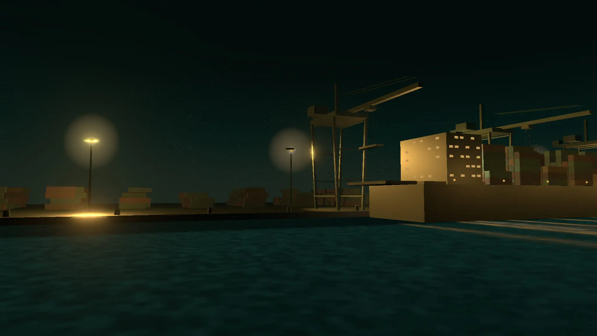 A drawing of a container terminal at night: a ship alongside under gantry cranes, its lights lying in long streaks across the water.