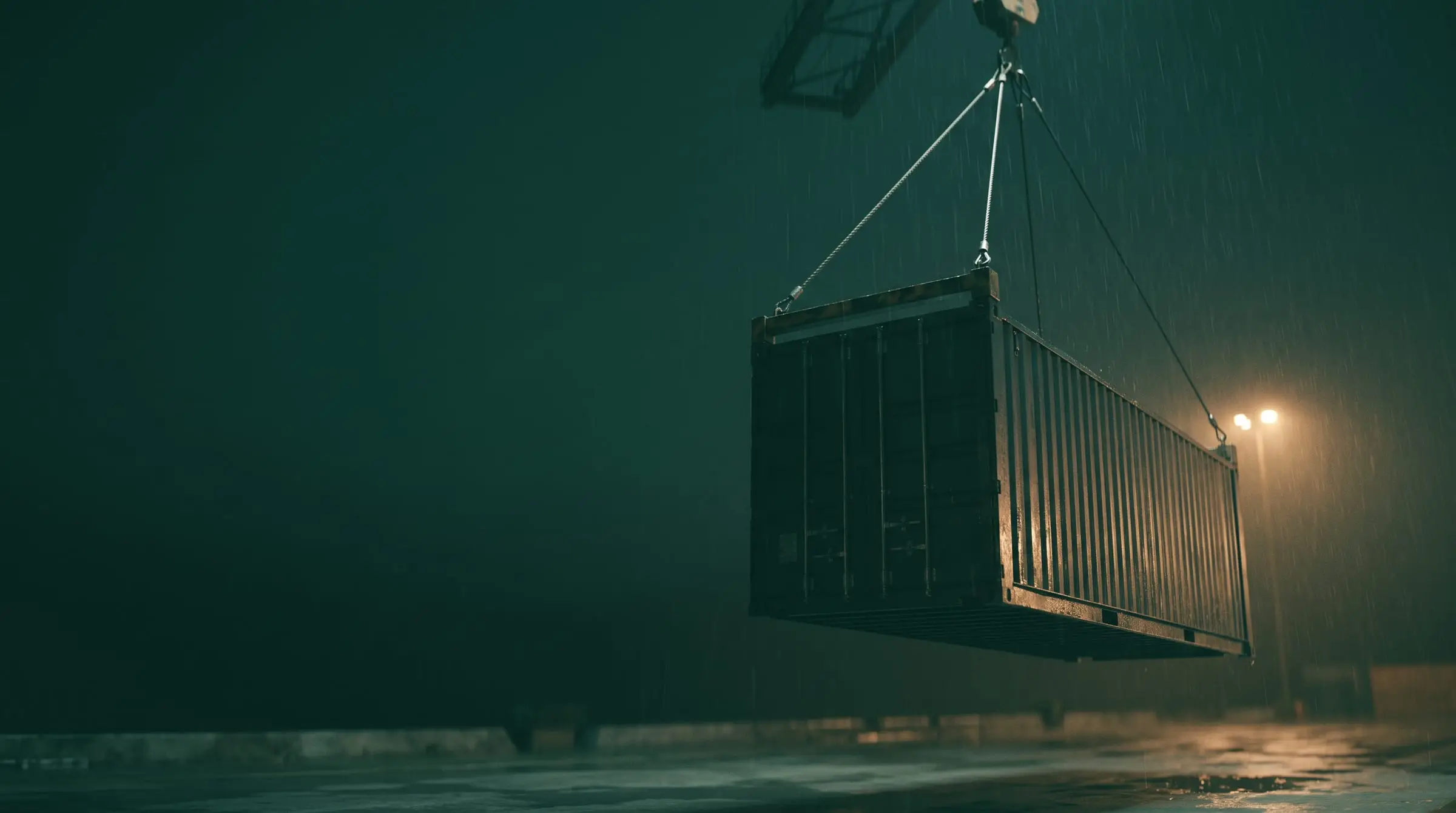 A shipping container held in the air by a crane at night, lit from one side, rain visible in the light.